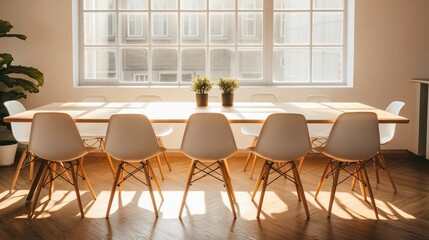 Modern conference room with large wooden table, bright sunlight streaming through windows, and stylish white chairs arranged for a productive meeting environment