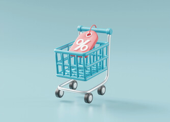 3D rendered illustration of a blue shopping cart icon with a pink percentage discount sign inside. It conveys the concept of online shopping, promotions and attractive discounts.