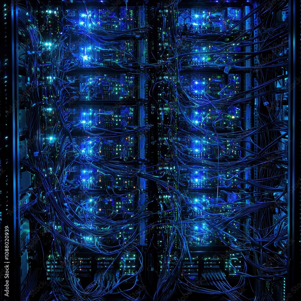 Poster intricate view of data center with brightly illuminated server racks and complex network of connecte