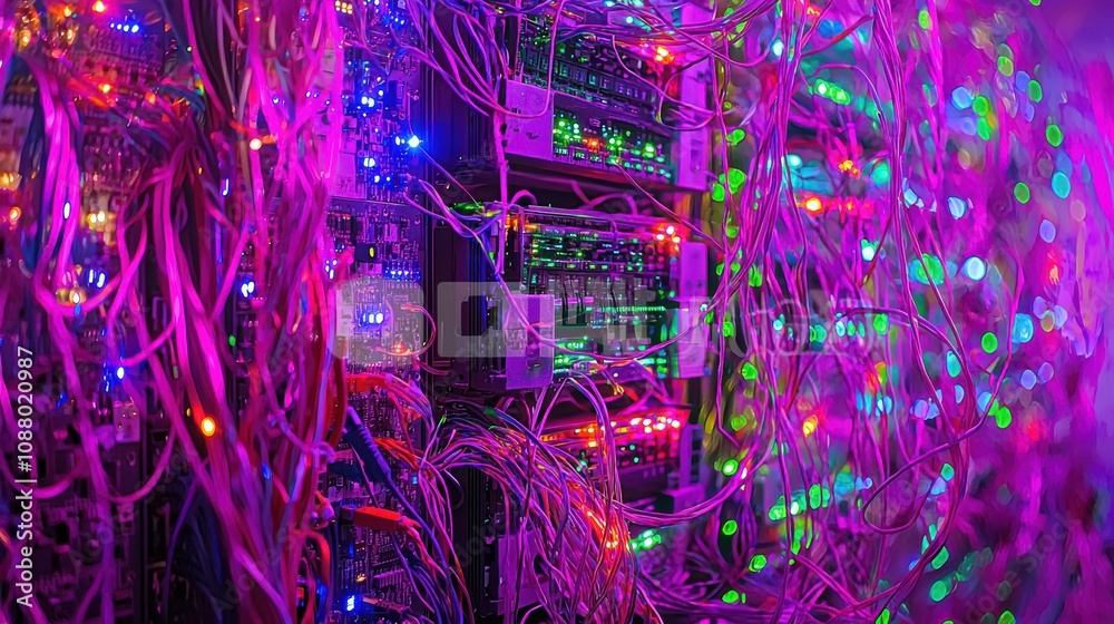 Poster vibrant data center cabling with multicolored led lights creating a dynamic and futuristic atmospher