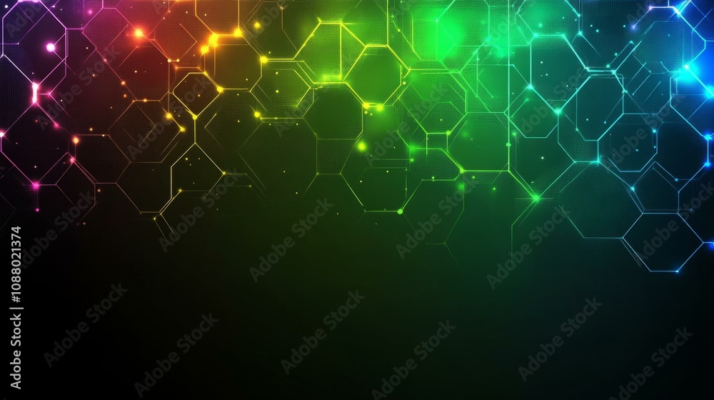 Wall mural colorful hexagonal abstract background with glowing neon lights and futuristic digital network desig