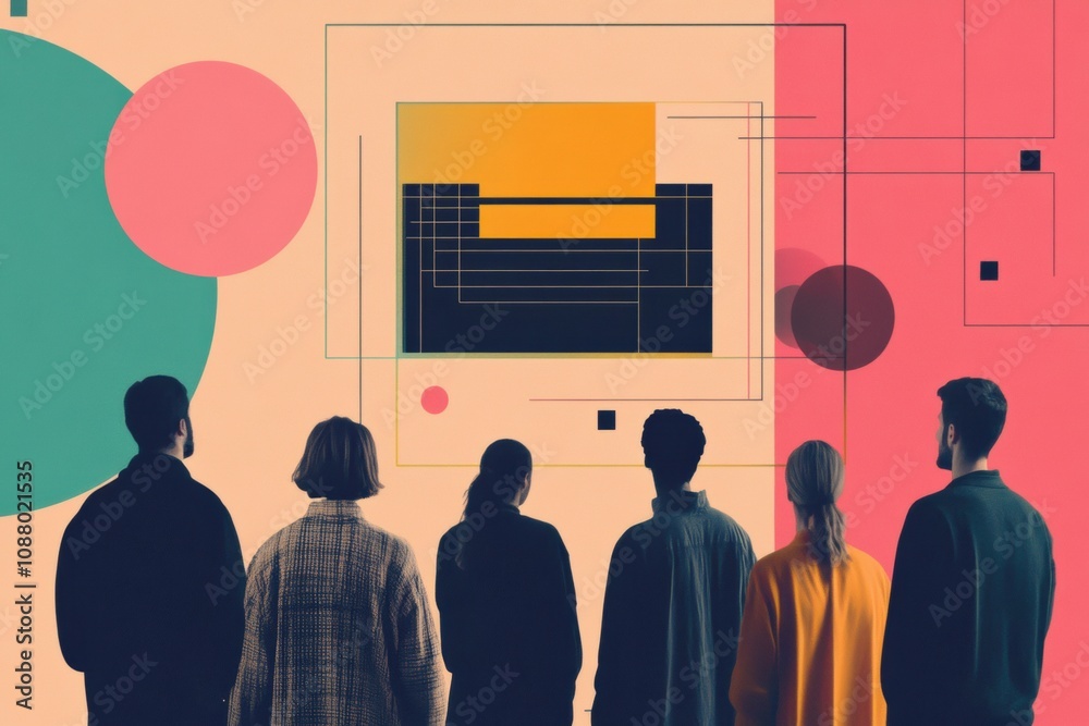 Aufkleber Six people attentively examine an abstract AI display, surrounded by colorful geometric shapes in a contemporary art environment. Generative AI