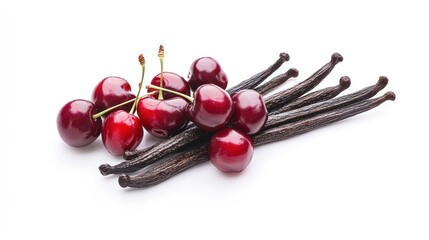 A group of fresh red cherries and vanilla beans isolated on a white background.