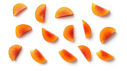 A pattern of fresh peach slices on a white background.