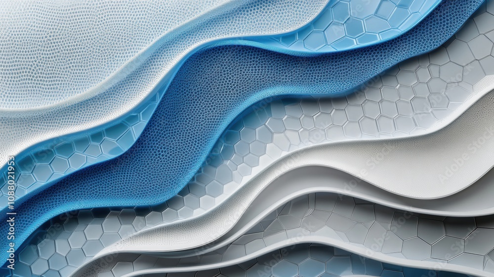 Poster abstract waves of blue and white textures featuring hexagonal patterns and fluid layers in a modern 