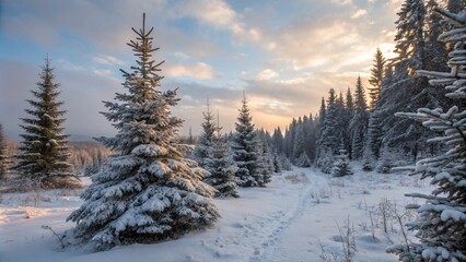Fototapeta premium Snowy forest with evergreen trees and soft light