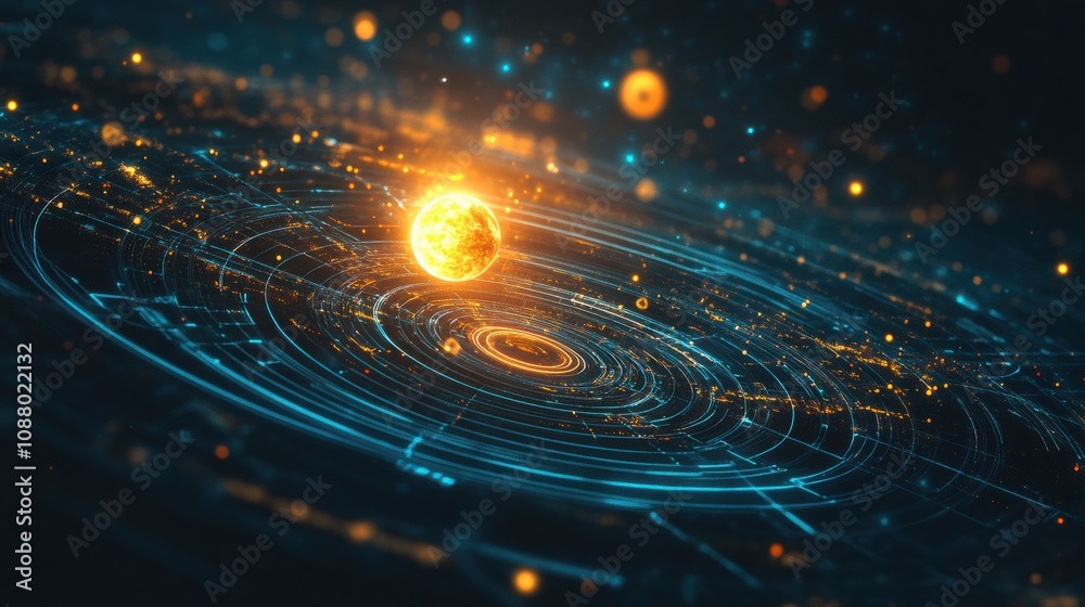 Wall mural abstract representation of a cosmic scene featuring a bright star surrounded by illuminated particle