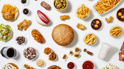 Naklejka premium A flat lay of various fast food items, including burgers, fries, nuggets, and drinks.