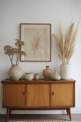 Elegant Mid-Century Modern Decor Featuring Natural Elements, Minimalist Vases, and Botanical Prints for a Stylish Home Interior Design