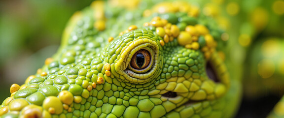 Fototapeta premium Close-up of green and yellow reptile skin with textured scales