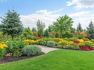Obraz premium Lush Seasonal Garden with Vibrant Flowers, Greenery, and Pathway Beneath a Bright Blue Sky, Perfect for Nature Lovers and Outdoor Enthusiasts