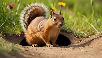 Obraz premium Squirrel exploring a burrow in a sunny meadow during springtime