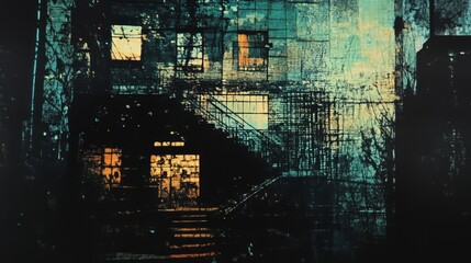 Abstract urban decay, grunge building, stairwell.