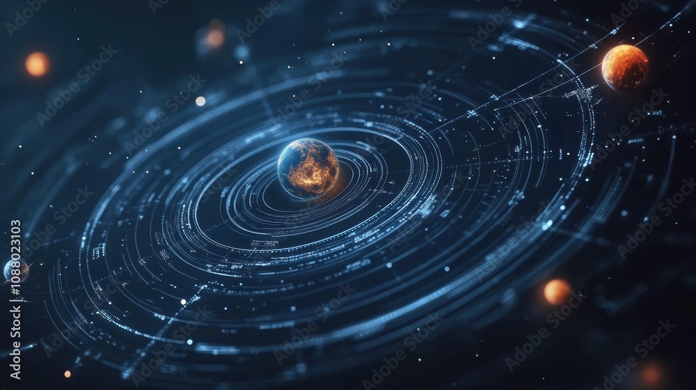 Wall mural abstract representation of planets orbiting in a cosmic space with stars and nebulae, illustrating t
