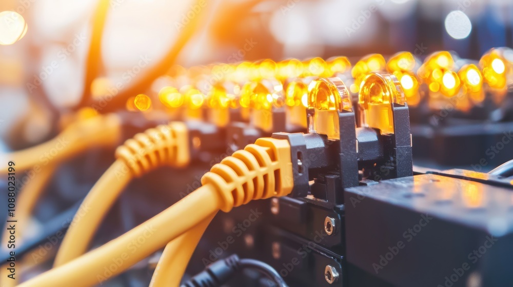 Poster close-up of neon yellow ethernet cables connecting to network switch with glowing leds in data cente