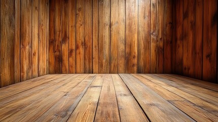 Naklejka premium Cozy Rustic Room Interior with Warm Wooden Walls and Floor Ideal for Backgrounds, Displays, and Creative Projects Invoking Natural Aesthetics and Timeless Charm