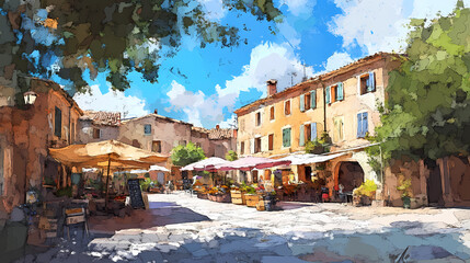 Fototapeta premium Picturesque provencal village, generative ai. Charming Village Market. Illustration