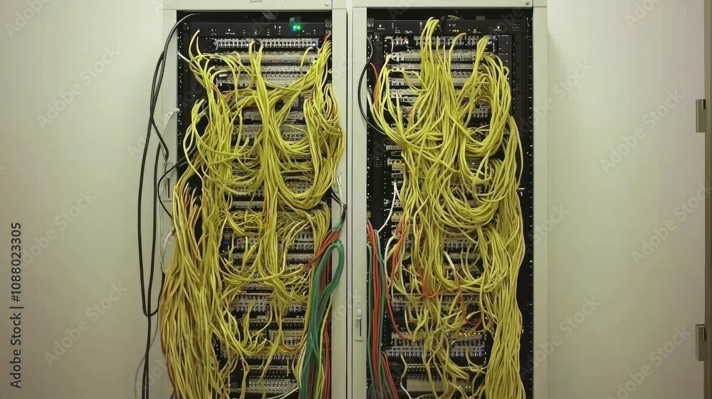 Poster disheveled server room with messy yellow cables and wires entangled in a data center showing complex