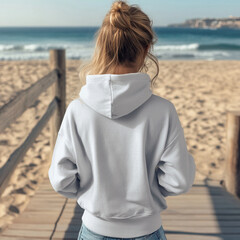 a young female surfer, 25 years old, standing on a beach boardwalk. She is facing away from the...