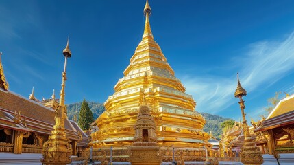 Fototapeta premium Majestic Golden Pagoda Surrounded by Lush Green Mountains and Clear Blue Sky in a Serene Buddhist Temple Setting