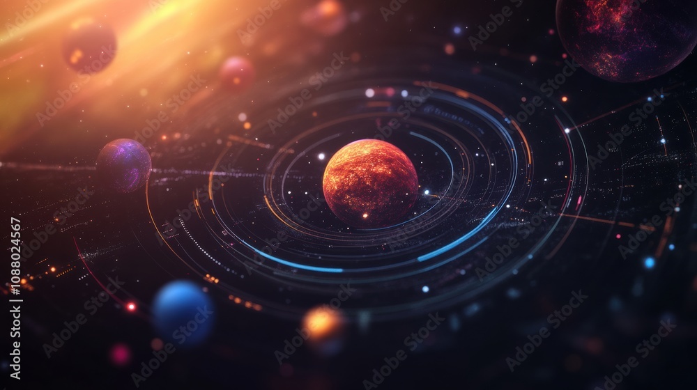 Wall mural stunning cosmic scene featuring colorful planets and dynamic orbits in a vibrant nebula with glowing