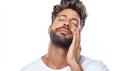 Fototapeta premium Handsome man with stylish hair and beard enjoying a relaxing moment while touching his face, isolated on white background for contemporary wellness and grooming concepts