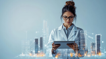 Innovative female scientist using tablet with digital city overlay Woman in Tech Concept.