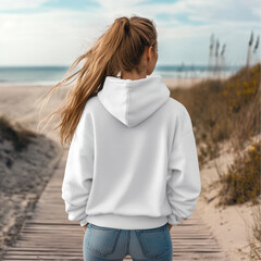 a young female surfer, 25 years old, standing on a beach boardwalk. She is facing away from the...