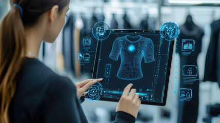 woman designing futuristic wearable device on tablet screen Woman in Tech Concept.
