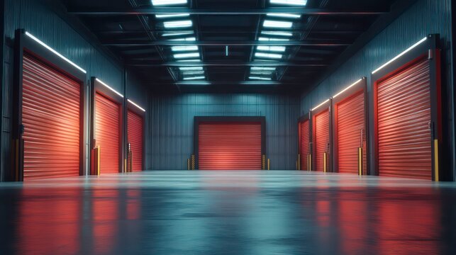 An empty, spacious industrial warehouse interior with bright lighting and red roller doors, ready for storage or activities.