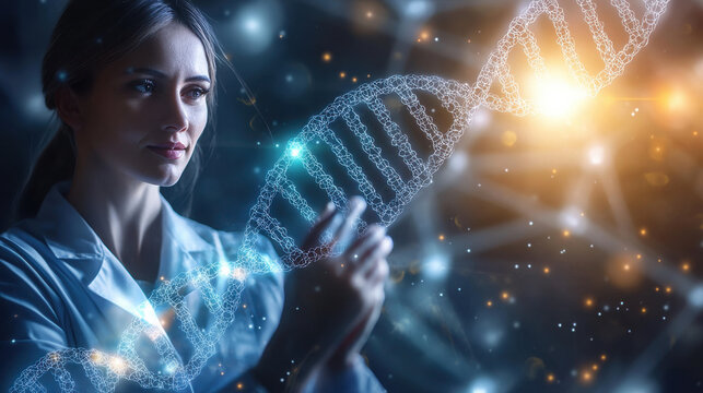 woman in lab examining DNA strand with advanced technology Woman in Tech Concept.