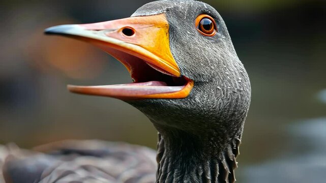Close-up shot captures an angry goose in an aggressive stance, its beak wide open in attack mode, Ai Generated.