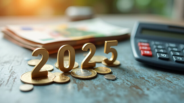New Year's finance, money, and budget graphic with 2025 figures on a calculator and euros in banknotes 
