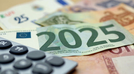 New Year's finance, money, and budget graphic with 2025 figures on a calculator and euros in banknotes 
