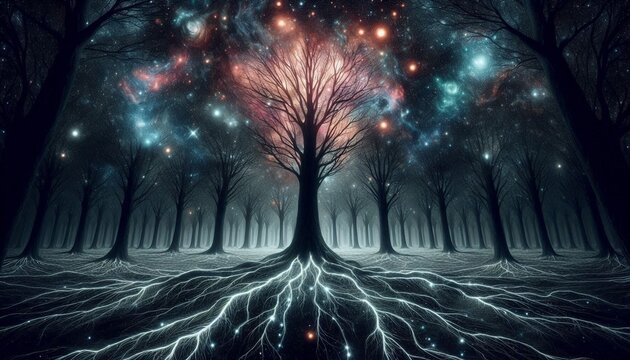 A celestial forest, where nebulae paint the sky and stardust roots the earth.