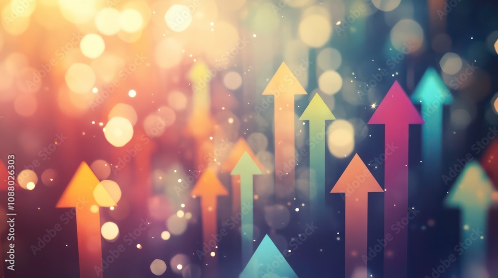 Wall mural abstract colorful arrows pointing upwards against a blurred bokeh background.