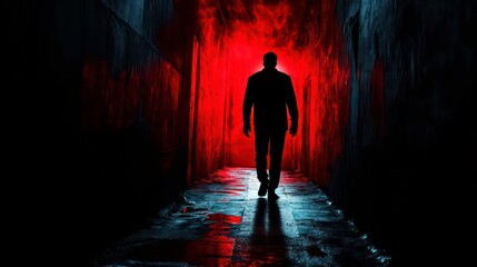 A mysterious man walks through a dark and ominous alley illuminated by a red glow.