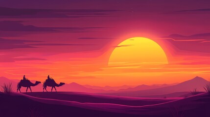 Camel caravan silhouette at sunset in desert landscape.