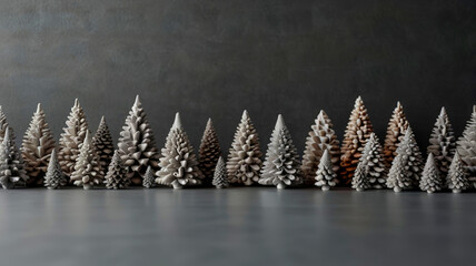 Minimalistic dark gray holiday background with miniature Christmas trees