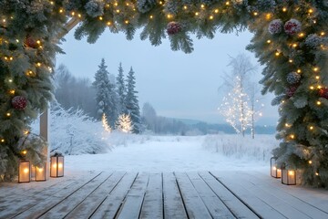 Empty Wooden Flooring with Fir Branches