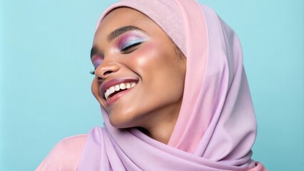This portrait presents a young adult with a joyful smile their face adorned with soft pastel shadows in pink lavender and baby blue. The light dances across their skin infusing the