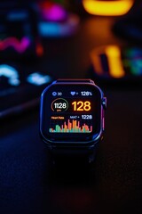 Fototapeta premium Smartwatch Displaying Heart Rate and Fitness Metrics in a Dark Environment