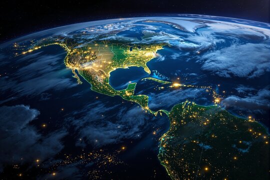 Stunning Night View of North America and Central America from Space with Illuminated Cities and Natural Landscapes