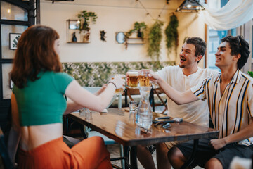 A group of friends toasting with drinks in a cozy restaurant. The atmosphere is lively, casual, and joyful, reflecting friendship and social bonding.