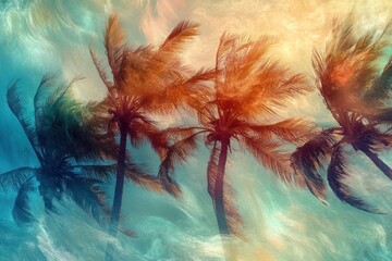 Silhouettes of palm trees against a colorful sunset sky.