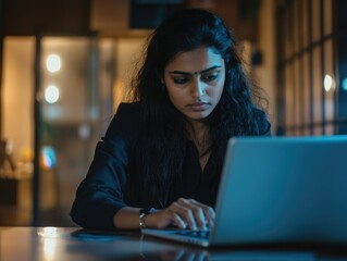 Tech-Savvy Woman Working at Night