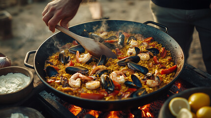 Traditional seafood paella in a cast iron pan over open flames