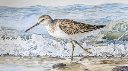 Obraz premium Watercolor Painting of a Sandpiper on the Beach