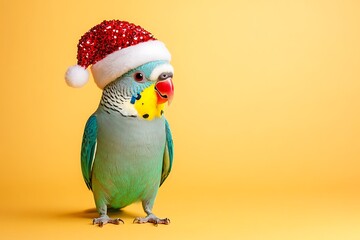 Fototapeta premium Parakeet in Christmas Hat on a Soft Yellow Background, High-Definition Realistic Image