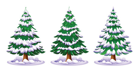 Set of snowy pine tree vector cartoon illustration